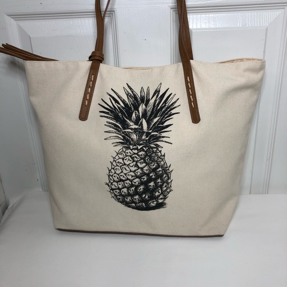 Sonoma Pineapple Natural Canvas Snap Closure Tassel Detail Hard Bottom Tote Bag, - Picture 4 of 16